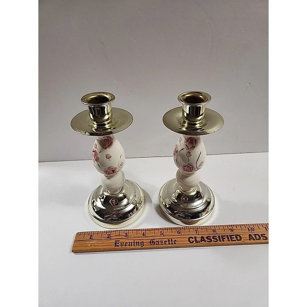 (2) Home Interiors Candle Holders Shabby Chic Pink Floral Gold Taper 7.5